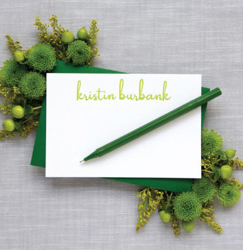 Beautiful letterpress enclosure cards with citrus green type. Includes a dark green envelopes. We like to use a white gel pen for addressing with this (not included).