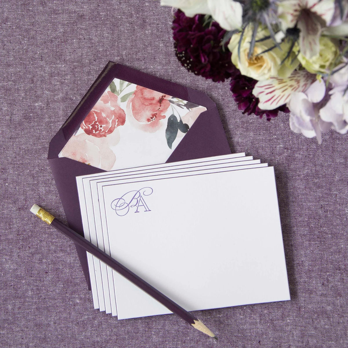 Purple Beveled Notes with Floral Envelope Liner - D9