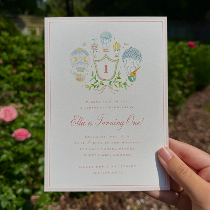 Balloon Festival Pink Crest Birthday Invitation