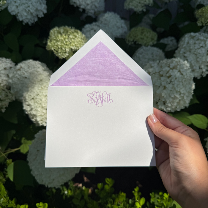 50 Engraved 3-Letter Monogram Notes with Lilac Tissue Lined Envelopes