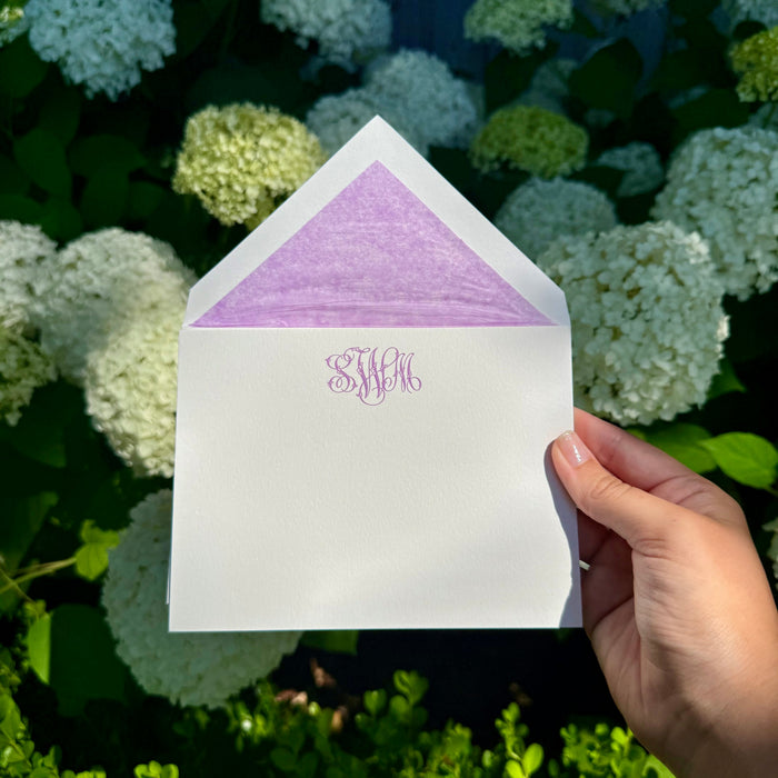 50 Engraved 3-Letter Monogram Notes with Lilac Tissue Lined Envelopes