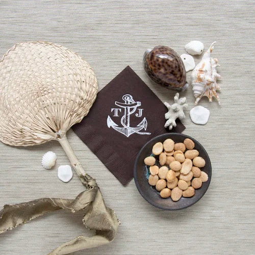 Custom Anchor with White Foil Initials Cocktail Napkin