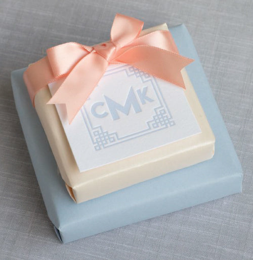 3-letter monogram gift tag. Shown here in pale blue.