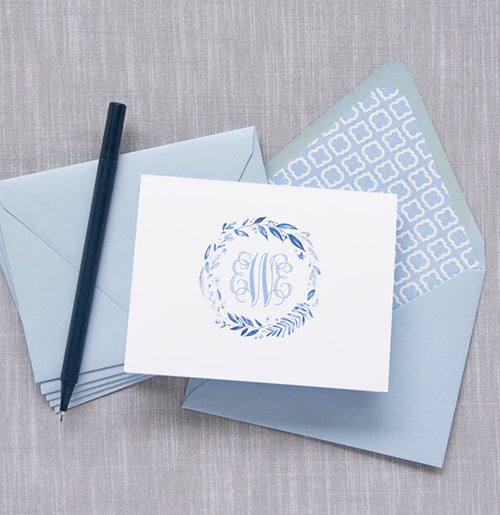 Beautiful folded notecards with 3-letter monogram. Includes beautiful lined envelopes in blue.