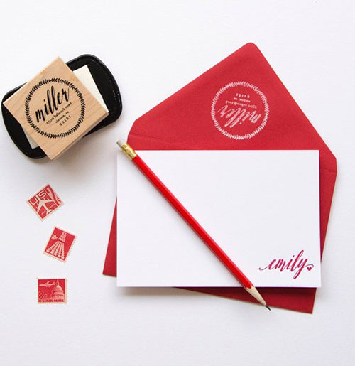 Cherry red personalized stationery. Set includes an address stamper. White stamping pad sold separately.
