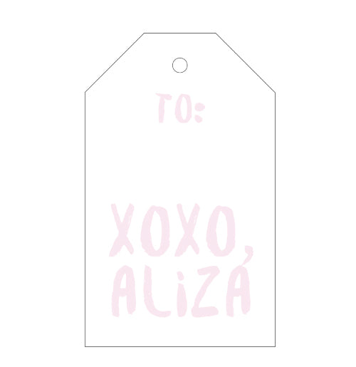 XOXO love tags shown here in pale pink. Customize with a single name.