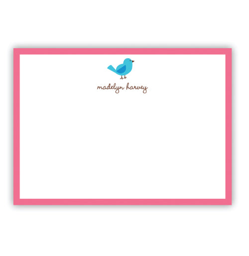 Sweet flat note cards for young girls. Features a blue bird and hot pink border. Personalize with a first and last name.
