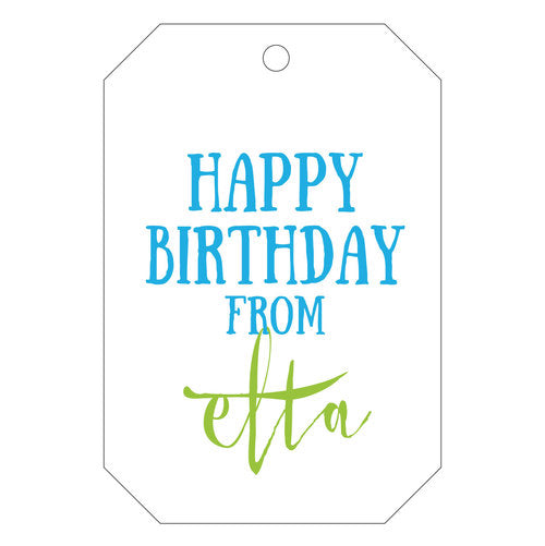 Personalized happy birthday gift tags. Letterpress printing with two colors.