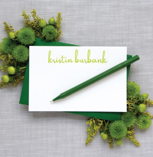 Beautiful letterpress enclosure cards with citrus green type. Includes a dark green envelopes. We like to use a white gel pen for addressing with this (not included). 