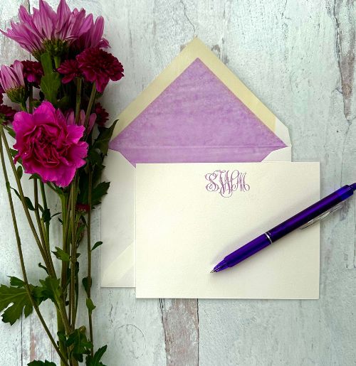 50 Engraved 3-Letter Monogram Notes with Lilac Tissue Lined Envelopes