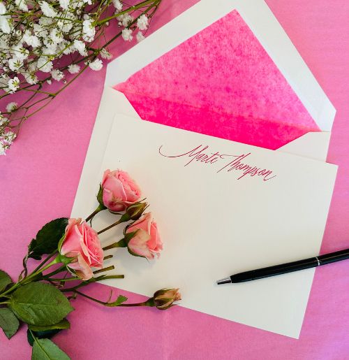 50 Engraved Notes with Pink Tissue Lined Envelopes