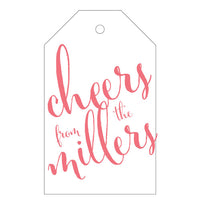 Letterpress gift tags with "cheers" + your family name. Printed by hand in America.