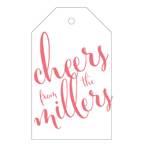 Letterpress gift tags with "cheers" + your family name. Printed by hand in America.
