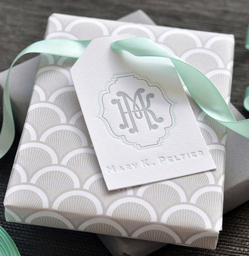 Beautiful letterpress gift tag with two-letter interlock monogram and name. Gorgeous soft colors.